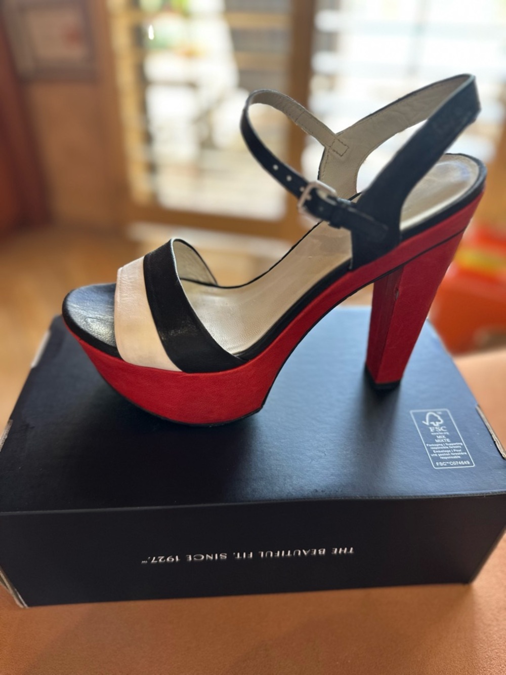 Stuart Weitzman Black White and Red Platform Sandals